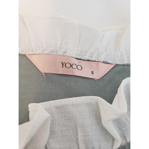 YOCO Dress Womens Small Sage Green Long Sleeve Ruffle Collar Floral Applique - Picture 12 of 16